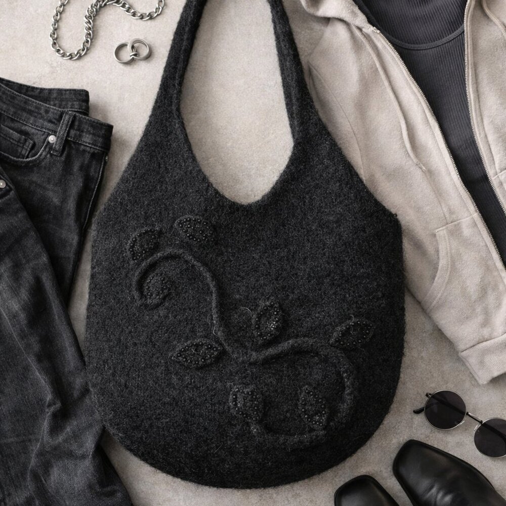 Black Textured Felt Shoulder Bag 3D Floral Appliqué Minimalist Y2K Boho